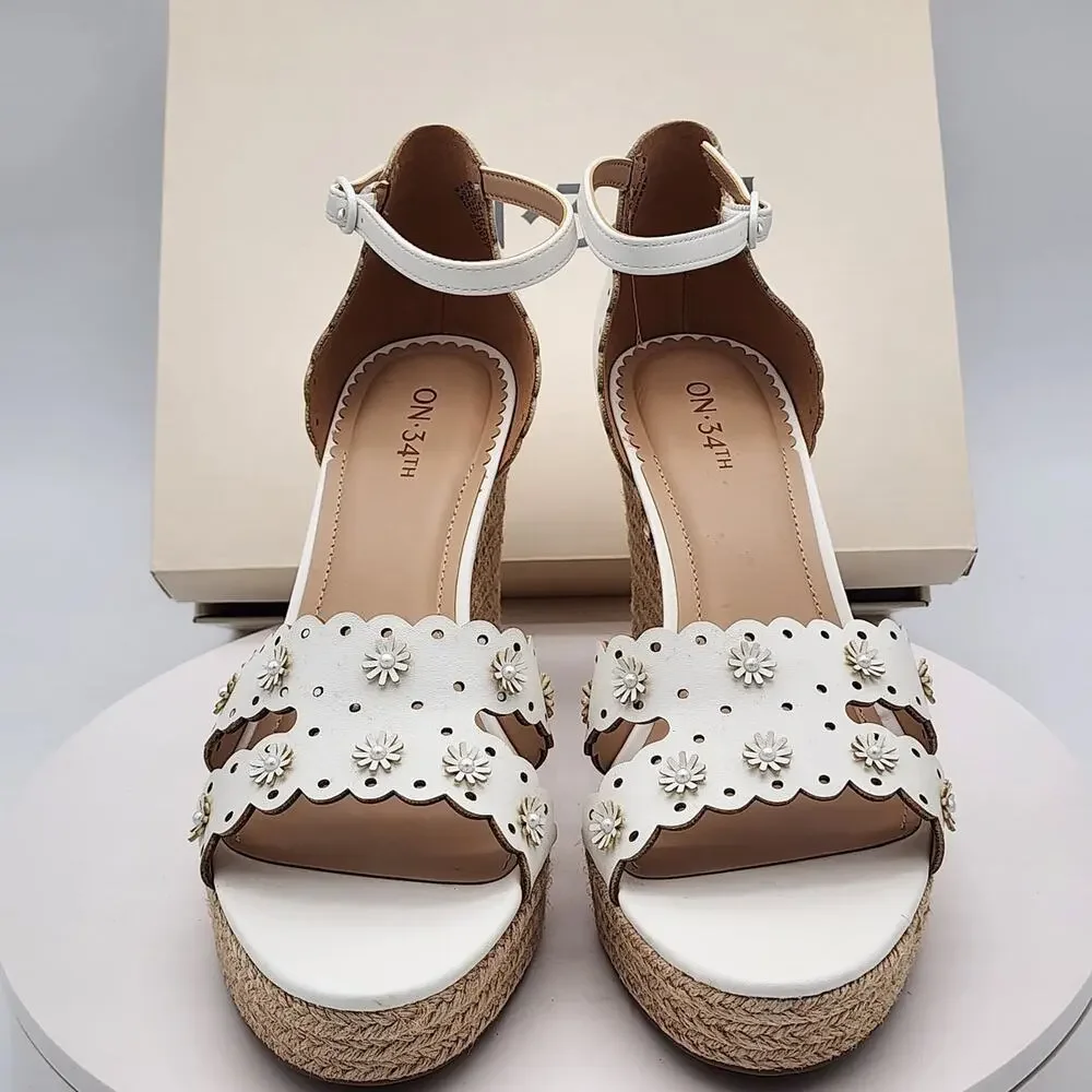 NEW - On 34th Theodore EP White Linen Floral Espadrille Wedge Sandals Size 8.5 M